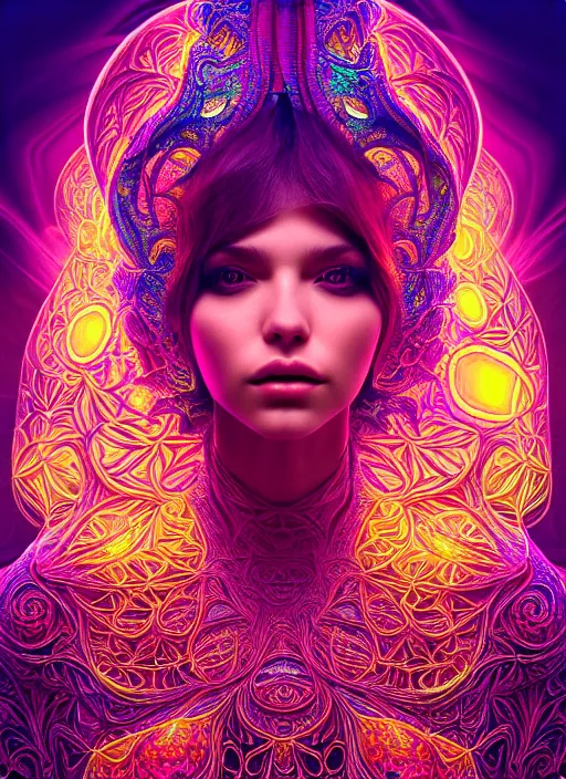 Prompt: absurdly beautiful, fashionable young woman, fourth dimension, psychedellic, ayahausca, tryptamine, hyperdetailed illustration by irakli nadar and alexandre ferra, intricate linework, unreal engine 5 highly rendered, global illumination, radiant light, detailed and intricate environment