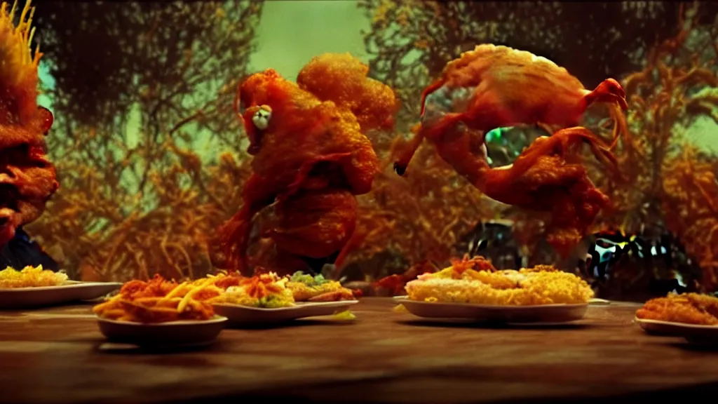 Image similar to the strange taco creature at the fast food place, film still from the movie directed by denis villeneuve and david cronenberg with art direction by salvador dali and zdzisław beksinski, wide lens