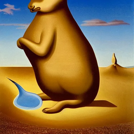 Prompt: dali surrealist painting of a giant golden rabbit in the middle of the desert
