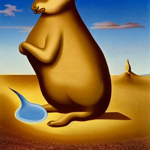 Image similar to dali surrealist painting of a giant golden rabbit in the middle of the desert