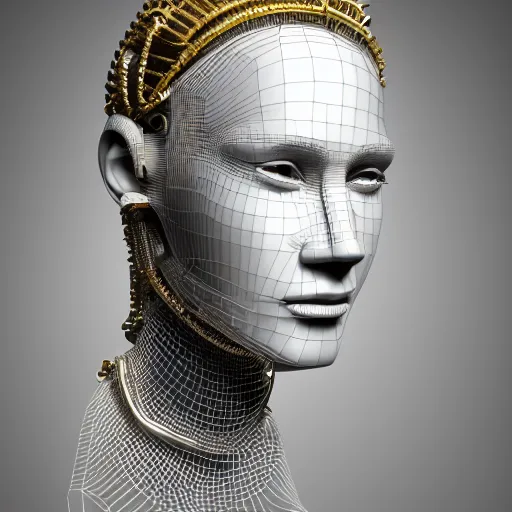 Prompt: highly detailed 3 d render of a female cyborg head and face made from wires and beads, transistors, silver, gold, with ornate head piece on top, by russian artist igor goryunov, 8 k resolution, photo realistic symmetrical