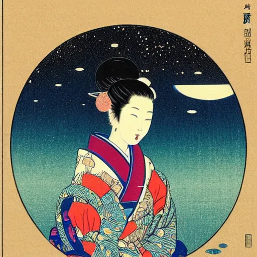 Prompt: 8k high detailed woodblock print of a celestial geisha experiencing enlightenment in space, Cinematic angle, vibrant colors,intricate and vivid details, art station, Hasui Kawase