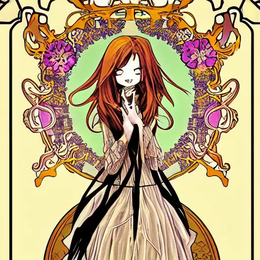 Image similar to anime manga skull portrait marvel young woman angel fairytale profile skeleton illustration style by Alphonse Mucha pop art nouveau