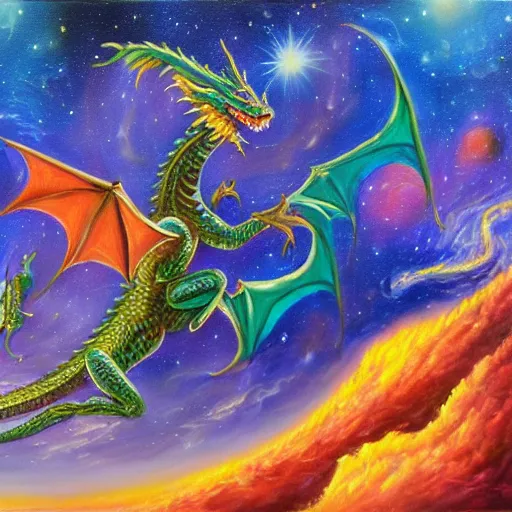 Image similar to dragon in the space, oil painting, trending on art station