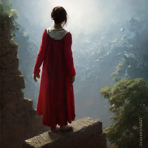 Prompt: a young girl standing on top of an impossibly tall wall, looking down at what is on the other side. she wears a white shirt and trousers and a very long red scarf around her neck that trails down a long way. beautiful fantasy painting by greg rutkowski