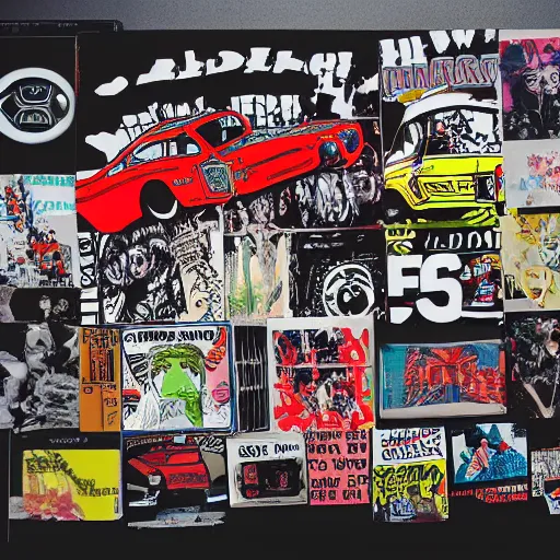 Prompt: sportscar made out of punk album art sleeves, 3 5 mm film