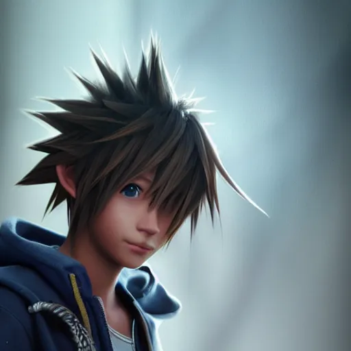 Prompt: photo realistic image of sora from kingdom hearts, stunning 3 d render inspired art by istvan sandorfi and greg rutkowski, perfect facial symmetry, realistic, highly detailed attributes and atmosphere, dim volumetric cinematic lighting,