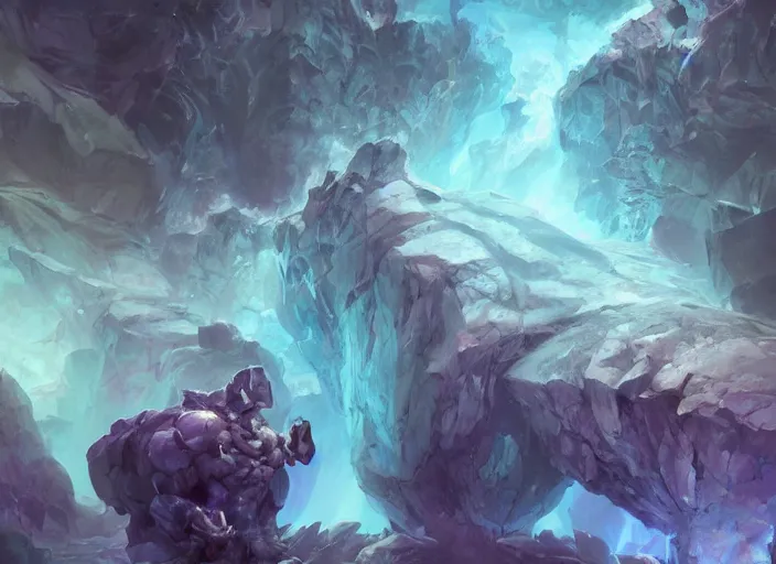 Prompt: a gemstone golem shambling through a crystalline cavern, concept art, fantasy painterly style, intricate details, artwork by ross tran, artgerm