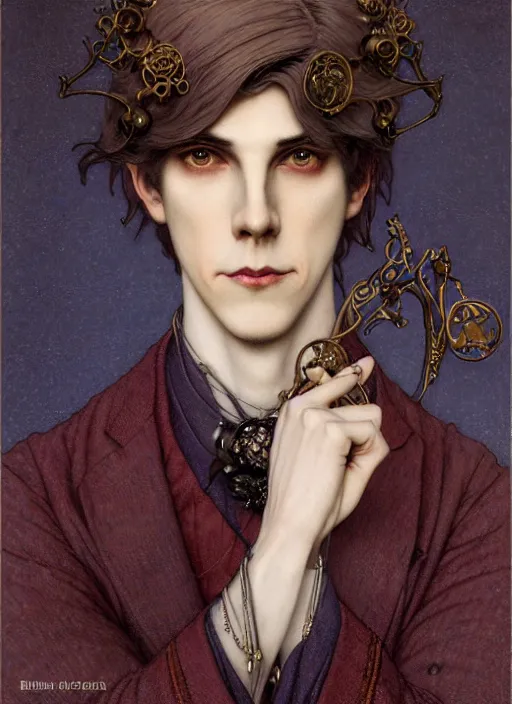 Image similar to edmund dulac, leyendecker, highly detailed portrait, a beautiful androgynous sebastian michaelis, long hair, tall and thin, wearing several pendants, art nouveau, stephen bliss, unreal engine, by greg rutkowski, loish, ferdinand knab, ilya kuvshinov, rossdraws, tom bagshaw, alphonse mucha, global illumination, radiant light