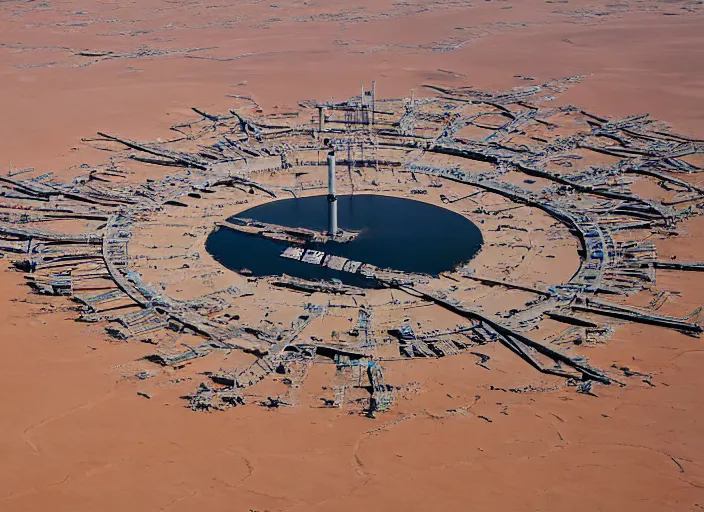 Prompt: A massive ocean oil rig in the middle of the sahara desert, dried lake, arid, aerial view