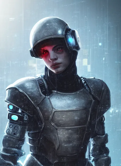 Image similar to of a hyper realistic digital art portrait of a cyberpunk war cleric in a futuristic pearl armor, tech helmet, dark gloomy environment two moons