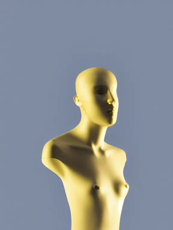 Image similar to an ultra high definition professional studio quality photograph of a transparent iridescent perspex pastel coloured face visor on a white sculpture of a human form in an empty white room. dramatic lighting, ray tracing, refraction, shallow d. o. f, colour corrected, golden ratio, three point light. volumetric shadows. light rays.