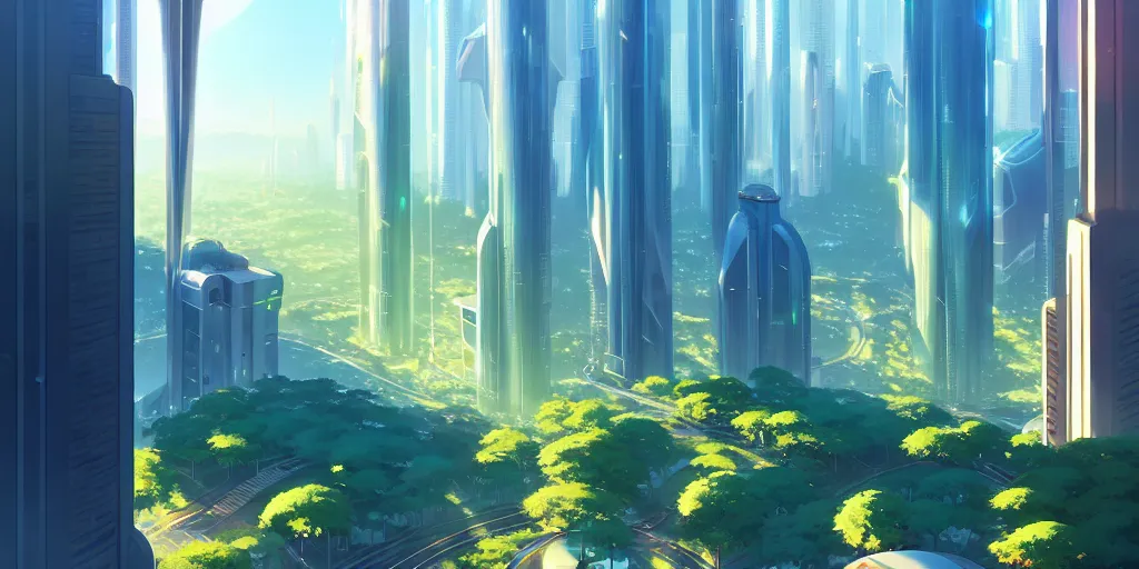 Image similar to futuristic city with tall shiny marble buildings in an evergreen valley, several waterfalls, landscape, global illumination, morning light, radiant light, bird's eye view, by makoto shinkai and lois van baarle, ilya kuvshinov, rossdraws, tom bagshaw