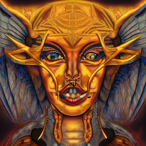 Image similar to portre of a demon, masonic and kabalistic symbols in background, digital art, ultra detailed