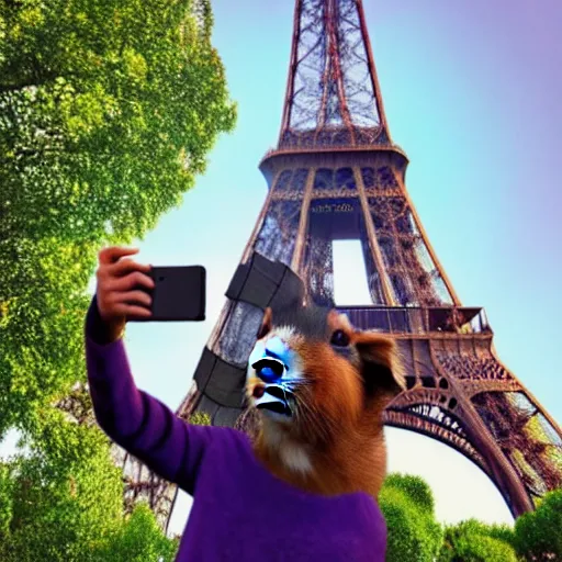 Image similar to a guinea pig taking a selfie in front of the eiffel tower, photorealistic