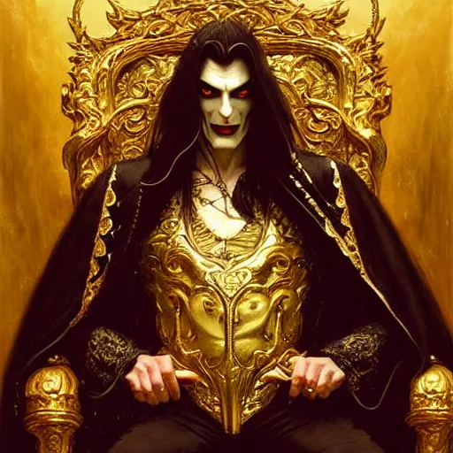 Prompt: perfectly centered portrait of attractive vampire king in gold gothic robe sitting on a throne of black bones, highly detailed painting by gaston bussiere, craig mullins, j. c. leyendecker, 8 k
