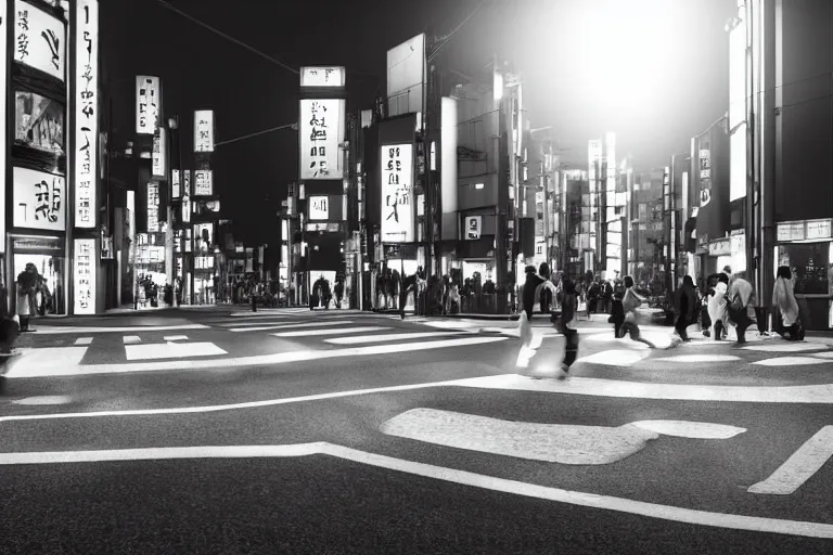 Image similar to still photo of a japanese street crossing, tokyo, black and white color aesthetic, highly detailed, photorealistic portrait, bright studio setting, studio lighting, crisp quality and light reflections, unreal engine 5 quality render