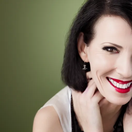 Image similar to professional headshot of an elegant female vampire in her 4 0 s smiling confidently at the camera, showing her long vampire fangs,. high resolution, nikon camera 8 k