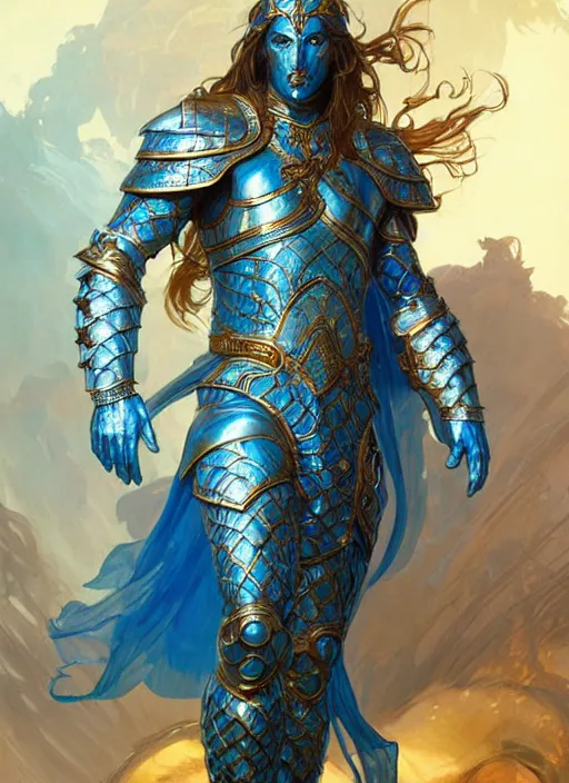 Image similar to a god of water wearing blue armor, with hands and hair turning into wearing, fantasy, intricate, elegant, highly detailed, digital painting, artstation, concept art, wallpaper, smooth, sharp focus, illustration, art by artgerm and greg rutkowski and alphonse mucha