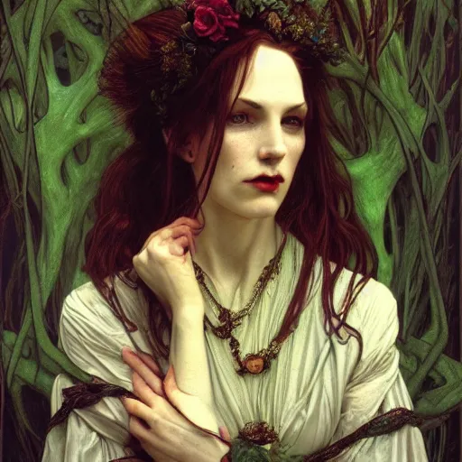 Image similar to portrait of a lady vampire, 35mm, victorian, depth of field, ominous, sharp, highly detailed, photorealistic, realistic, unreal 5, high definition, 8k, deviantart, donato giancola, irwin penn, Alphonse Mucha