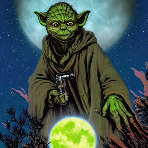 Image similar to portrait of yoda howling at the moon as a wolfman, overwhelming energy, detailed background by m. w. kaluta + bruce pennington, dark side, neon color, volumetric lighting, colorful vapor, deep dark color, floating molecules, digital painting, oil painting, artwork by ralph mcquarrie + cory loftis + andreas rocha + paul lehr + ian mcque + eddie mendoza