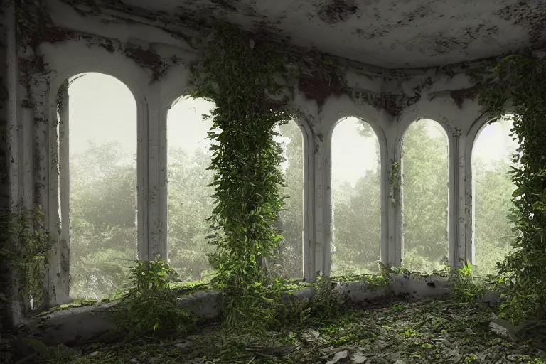 Image similar to ruined, abandoned polish mansion, seen from inside and overgrown by plants. First light of day falls through the broken windows. Dirt, leaves on ground. Octane render. Substance painter. Zbrush. Trending on artstation. 8K. Highly detailed.