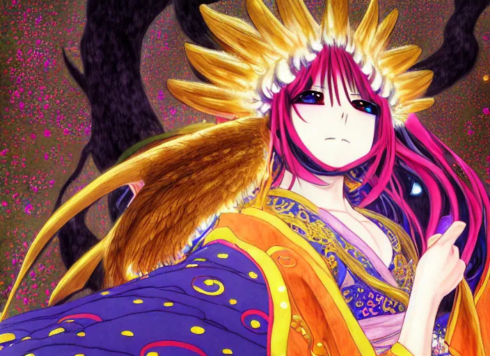 Prompt: anime, dragon rider, colorful, ritual, feathered robe, omoide emanon, tsuruta kenji, murata range, pixiv, vibrant, magical fantasy, gustav klimt, artstation, digital art, enchanted, owls, kyoto animation