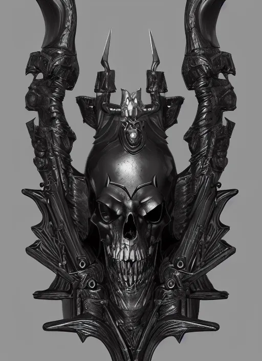 Prompt: a black long sword skull crest, orthographic, ornament, weapon, a 3 d render by dom qwek, front side views full, trending on polycount, artstation, hard surface modeling, rendered in maya, 3 ds max, blender, hd, vray, berserk guts