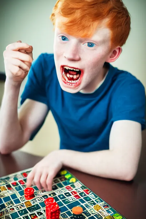 Image similar to 3 / 4 body photo of a young ginger men with disgusting! teeth, playing a boardgame, nerdy appearance, smooth, sharp, 8 5 mm, f / 1. 3