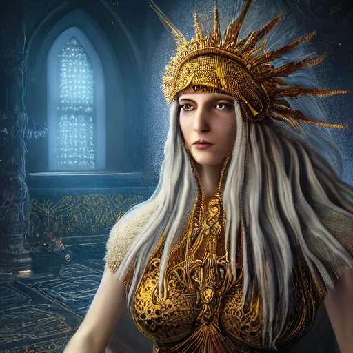 Image similar to highly detailed sharp photorealistic portrait of a beautiful lithuanian female priestess with shimmering hair, symmetrical face and eyes, dressed in intricate flowing silk, the silky cloth lined with golden glowing letters, cgsociety, Elden Ring, Dark Souls, Bloodborne H 640