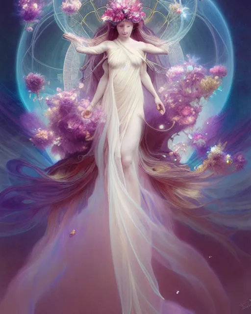 Image similar to Full View ultrarealistic Portrait ethereal fantasy deity wearing beautiful gown, rising in the air levitating, flowers, calm, 4k digital masterpiece by Anna Dittman and Alberto Seveso Ruan Jia, rossdraws, artgerm and greg rutkowski and alphonse mucha and loish and WLOP, fantasycore, Hyperdetailed, fractals, scribble art, realistic digital painting, atmospheric, fireflies, soft lighting, featured on Artstation