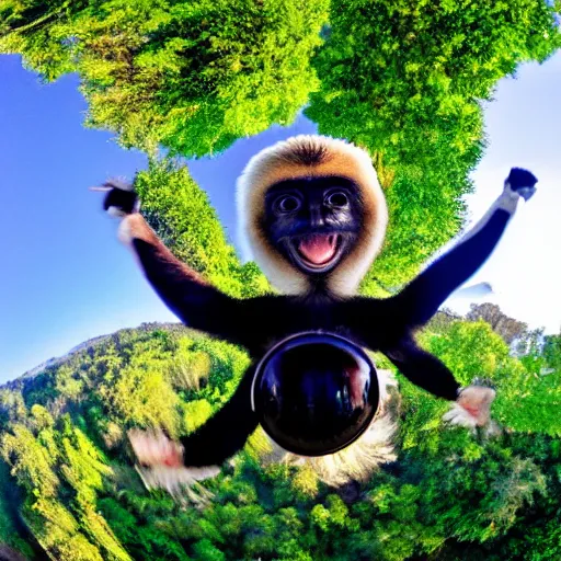 Image similar to gibbon gangling upside down from a hot - air balloon, posing for the camera, fisheye lens