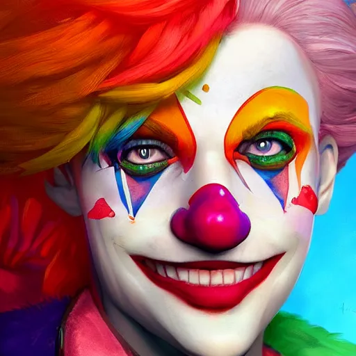 Image similar to Portrait of a colorful happy joyful clown, artstation, cgsociety, masterpiece