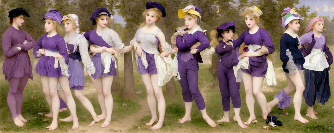 Prompt: A character sheet of full body cute magical girls with short blond hair wearing an oversized purple Beret, Baggy Purple overall shorts, Short Puffy pants made of silk, pointy jester shoes, a big billowy scarf, Golden Ribbon, and white leggings Covered in stars. Short Hair. Sunlit. Haute Couture. Art by william-adolphe bouguereau and Paul Delaroche and Alexandre Cabanel and Lawrence Alma-Tadema and Johannes Helgeson. Smooth. Elegant. Highly Detailed. Intricate. 4K. UHD. Denoise.