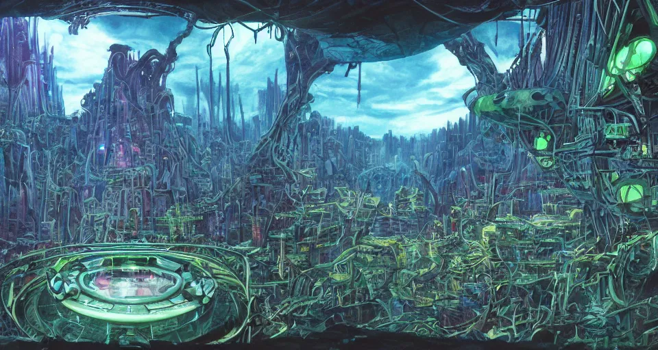 Prompt: the cyber temple in the robo-jungles, wide-angle shot, angled view, fisheye lens, , animation background painting from Thundercats (1985) and Masters of the Universe (1983), up-angle view, macabre, burtonesque, two point perspective, clean scan, artstation trending, studio ghibli, animatrix, 8k