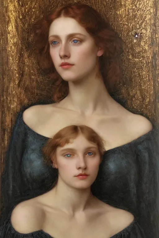 Image similar to Pre-Raphaelite portrait of a young beautiful woman with blond short-hair and grey eyes who works as an architect artwork by Edward Robert Hughes