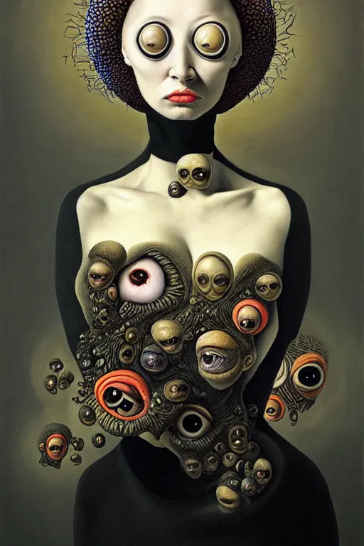 Image similar to a strange surrealist, biomorphic, portrait of a woman with large eyes wearing a black turtleneck, by dali, marco mazzoni, james jean and rachel ruysch, emotionally evoking, looming, head in focus, arcimboldo, volumetric lighting, masterpiece