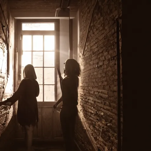 Image similar to In the corridor of an old wooden loft, six people are walking forward, the fourth woman holds an antenna in her hand and looks back to the ground, a beam of light shines on the woman through the overhead window, the man in front of her looks on she.