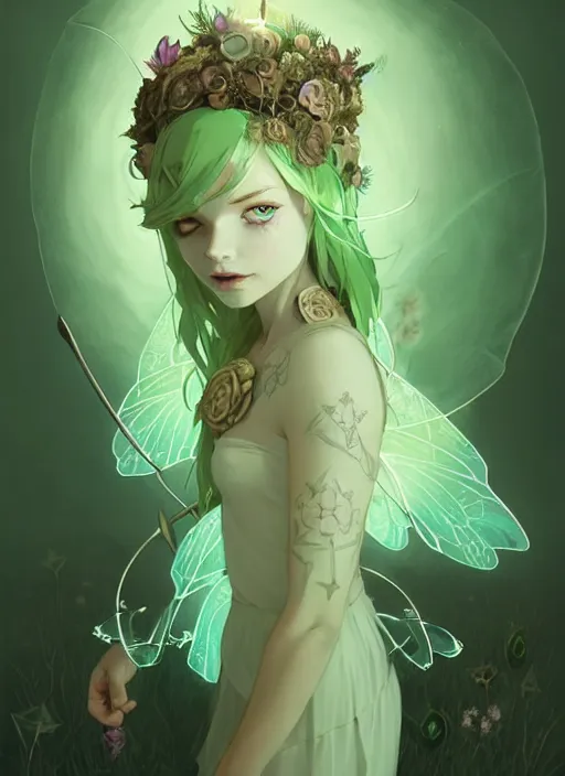 Image similar to cute fairy girl with crown of flowers in transparent clothing covered with celtic rune tattoos, fantasy, by atey ghailan, by greg rutkowski, by greg tocchini, by james gilleard, by joe gb fenton, by in kaethe butcher, dynamic lighting, gradient light green, brown, blonde cream and white color in scheme, grunge aesthetic