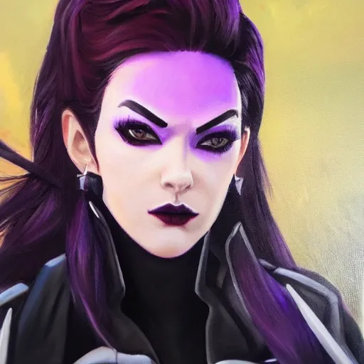 Image similar to oil painting of widowmaker from overwatch in the desert, black and purple jacket, beautiful face, detailed eyes, very detailed face, feminine face, full body