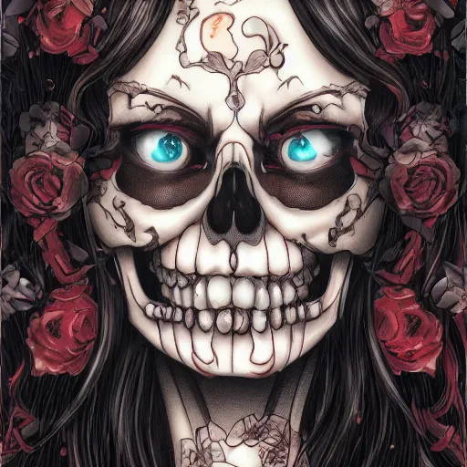 Image similar to portrait of a manga anime girl skull face detailed highres 4k by Trevor Brown and James Jean pop art nouveau