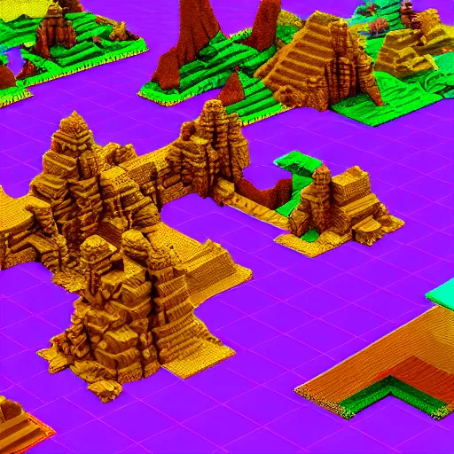 Image similar to a fantasy colorful landscape, rendered as voxels