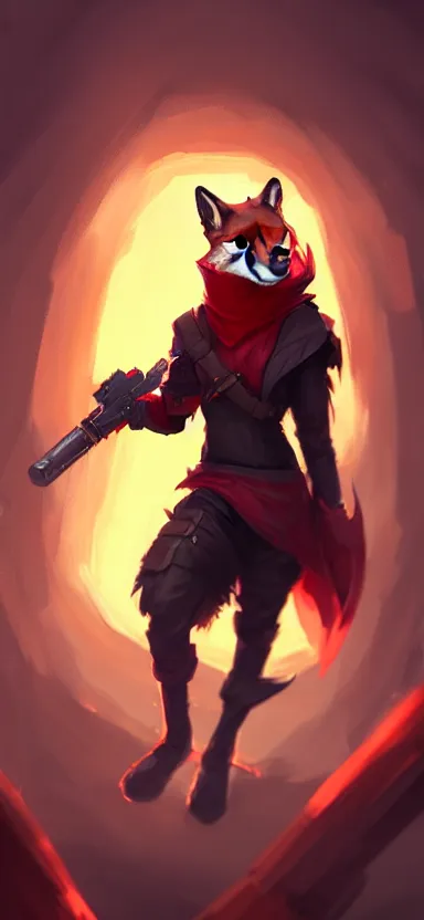 Image similar to a league of legends concept art of an anthropomorphic red fox in a black hoodie with scar on a face holding a gun, front view, artstation, digital art, oc commission, style by jordan grimmer and greg rutkowski, 4 k resolution