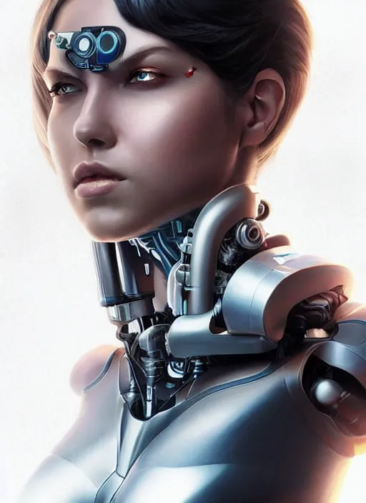 Image similar to portrait of a cyborg woman who turns her head to the ((((((right))))) left+330 (((((up))))) (((((down))))) by Artgerm,eyes closed , biomechanical, hyper detailled, trending on artstation