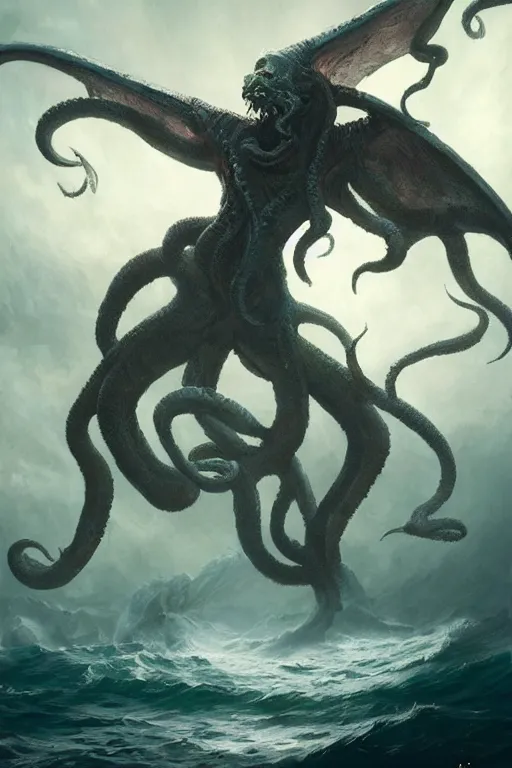 Prompt: cthulhu rising from the ocean with wings spread, digital art, magic the gathering, mtg, by greg rutkowski, trending on artstation