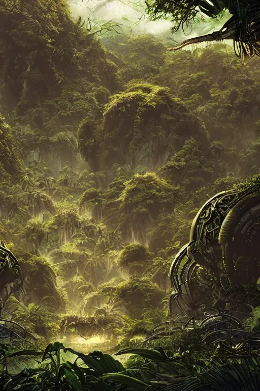 Image similar to alien hive in the exotic jungle, landscape, alex ross, giga, david finch, concept art, matte painting, highly detailed, rule of thirds, dynamic lighting, cinematic, detailed, denoised, centerd