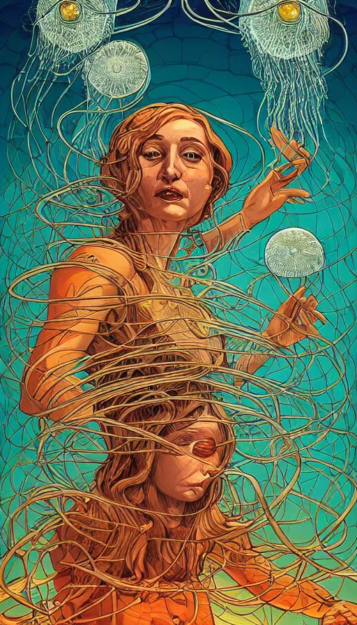 Image similar to The oracle of the jellyfish, italian futurism, Dan Mumford, da vinci, Josan Gonzalez