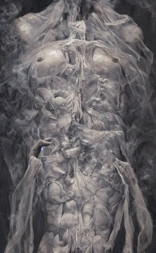 Image similar to anatomy body, high detail, 8k, ornate, masterpiece, complex, by Greg rutkowski, Alex Gray, surrounded by smoke