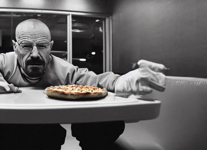 Image similar to portrait of walter white eating pizza at chuck - e - cheese with sloppy cheesy sauce getting slopped up all over the place, dramatic lighting, moody film still from breaking bad ( 2 0 1 1 ), 3 5 mm kodak color stock, 2 4 mm lens, directed by rian johnson, ecktochrome