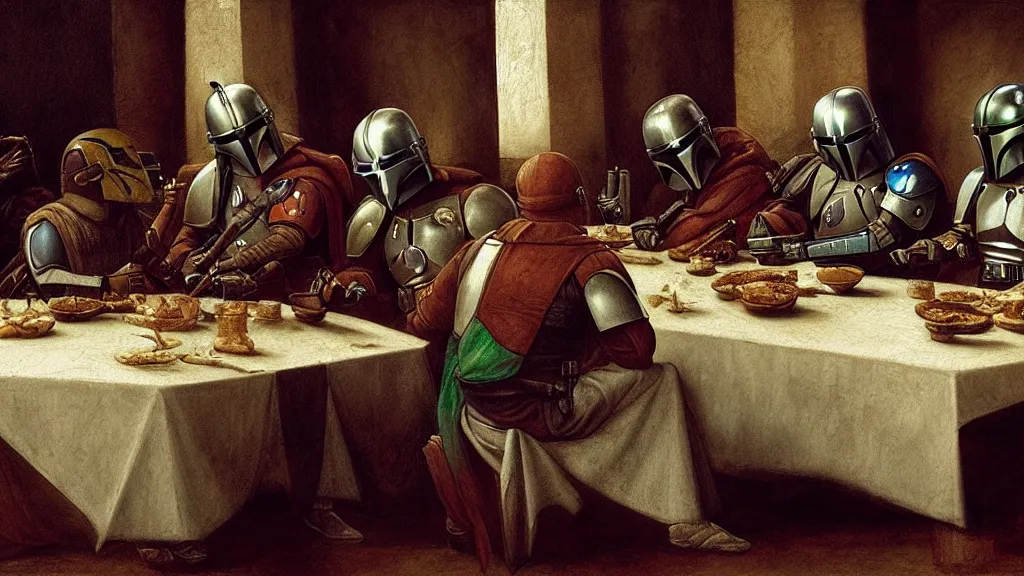 Image similar to mandalorian last supper, by leonardo davinci, concept art, oil painting, art station, dynamic lighting, highly detailed, very detailed, 4 k